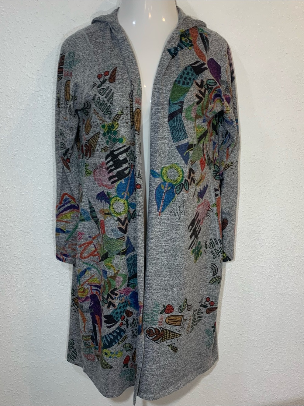 Inoah Open Front Long Cardigan Womens L Grey Art Colorful Graphic Hooded Duster
